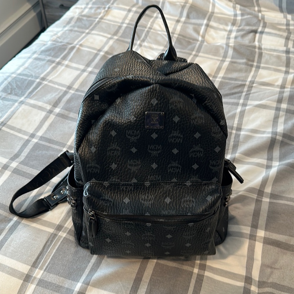 MCM Black Monogram Canvas Backpack with Front Zip Pocket